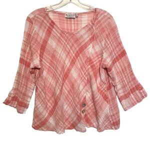 Habitat Linen Blend Lagenlook Top Womens Medium Pink Plaid Oversized Linen